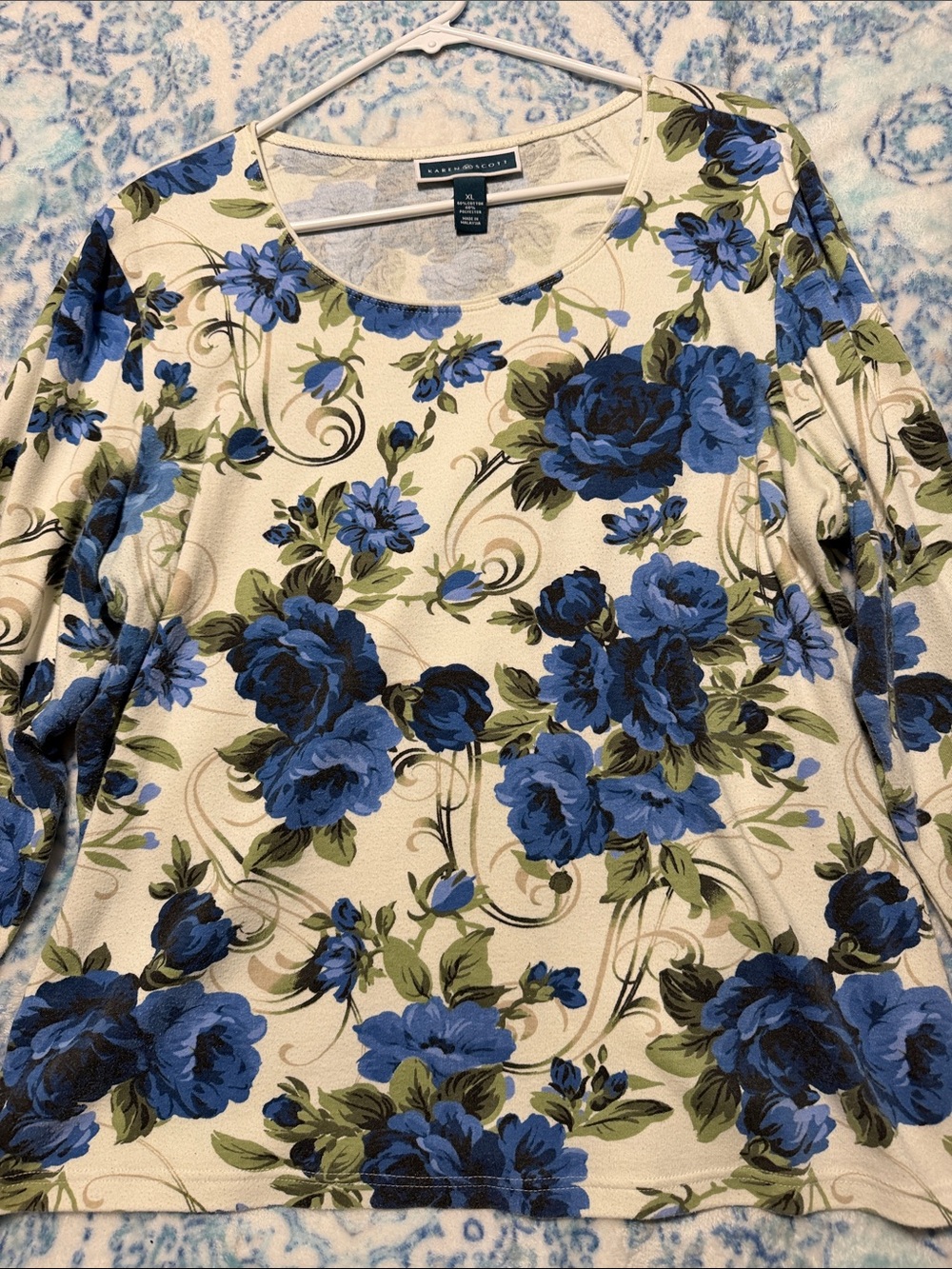 Karen Scott Long-Sleeve Tee with Blue Floral Print
